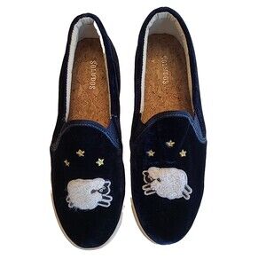Soludos Velvet Slip On Loafers 8 Sheep Stars Applique Casual Navy Blue Boho